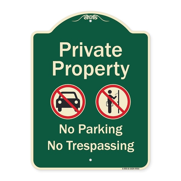 Designer Series-Private Property No Parking Or Trespassing With Symbols, 24" x 18", G-1824-9916